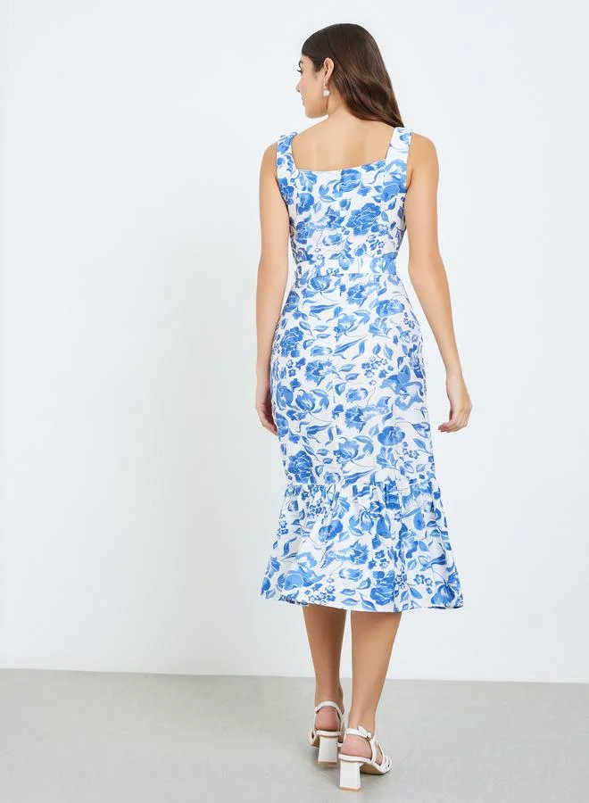 Styli  Women Blue Floral Print Strappy A-Line Midi Dress for Women | Best Price UAE